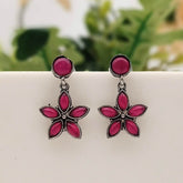 Pink Color Cute Flower Stone Studded Silver Classic Oxidised Earrings